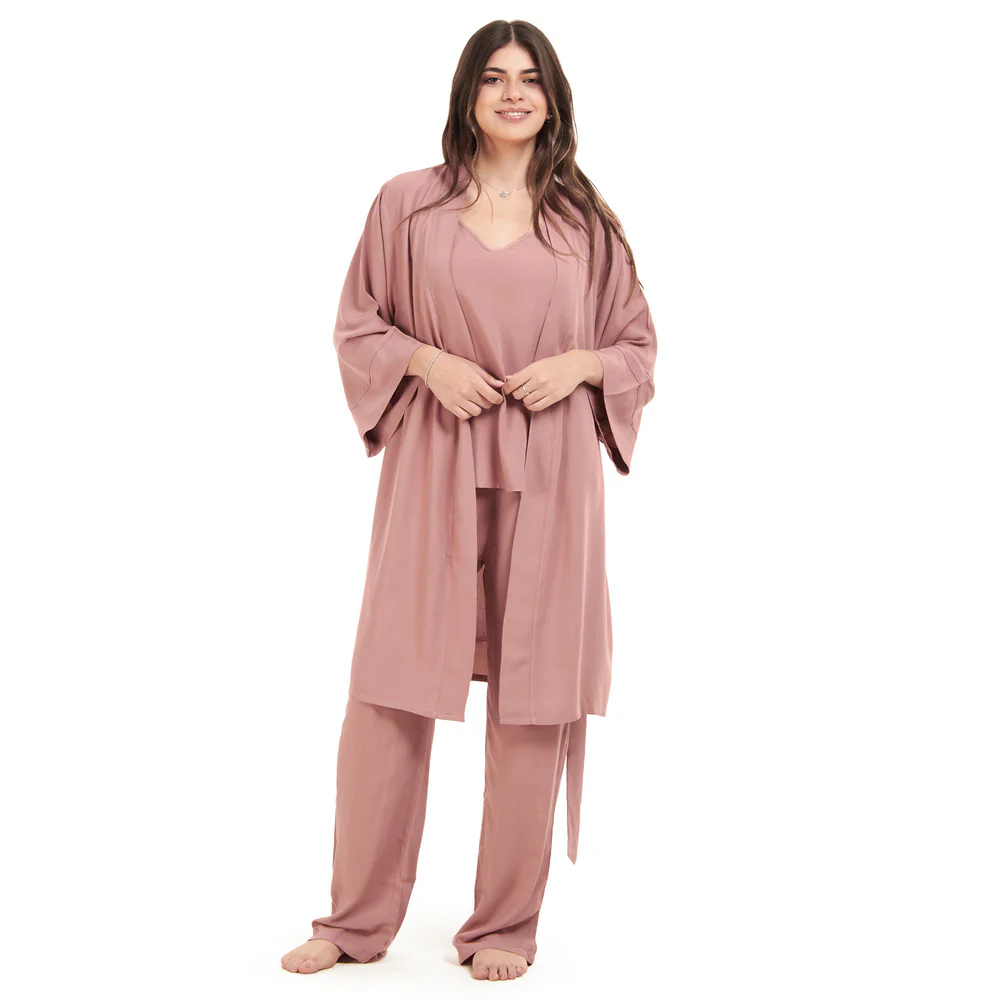Women summer 3 piece pajama set Cashmere Top + Cashmere kimono & Pants - Image 3