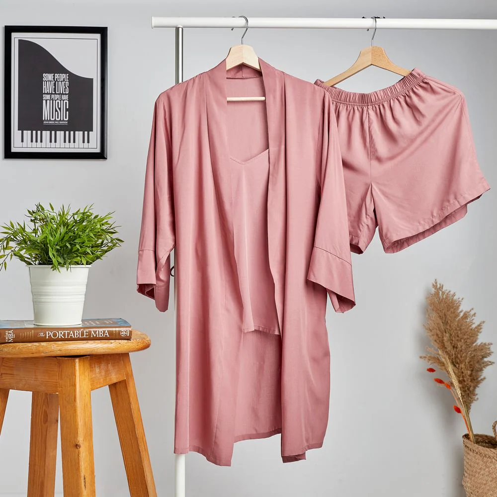 Women summer 3 piece pajama set  Cashmere Top +kimono & short
