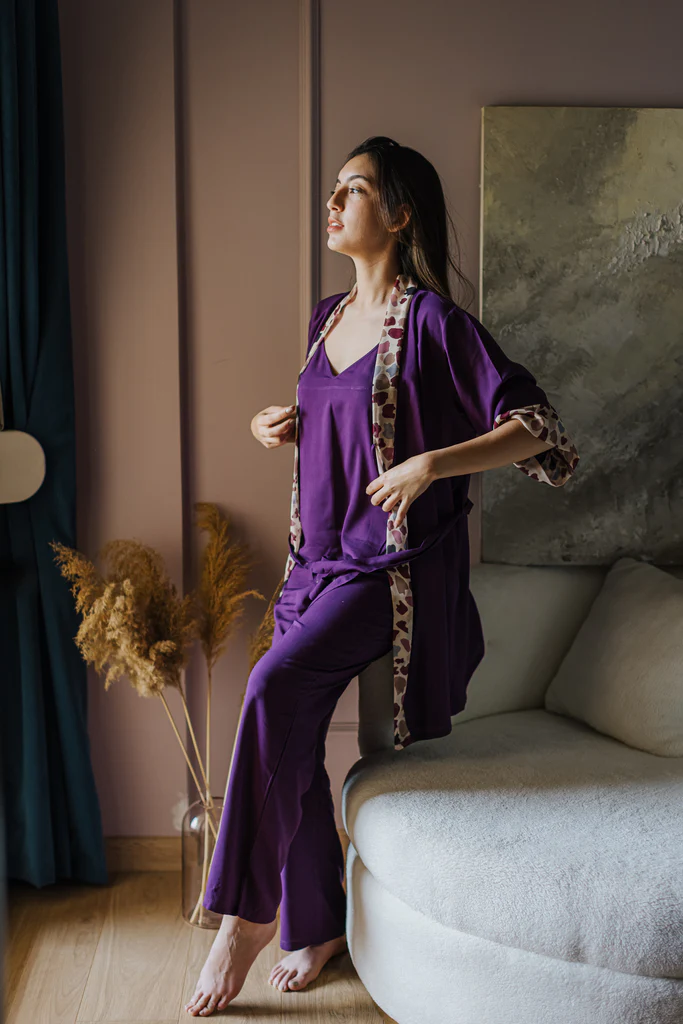 Women summer 3 piece pajama set  Colorful kimono + Purple top & Pants
