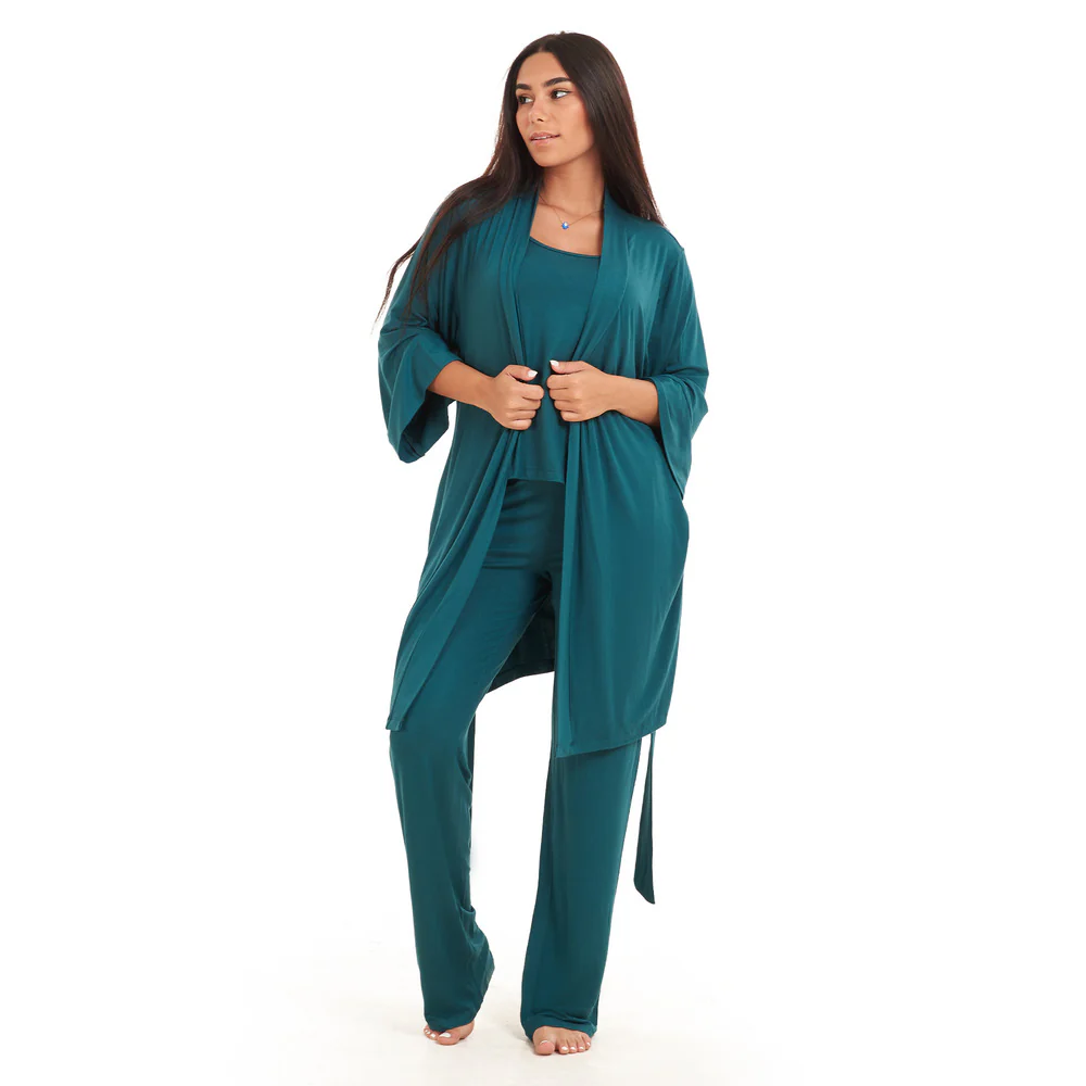 Women summer 3 piece pajama set  Dark green Top + Dark green kimono & Pants
