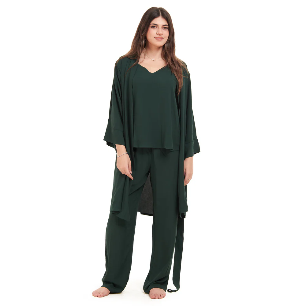 Women summer 3 piece pajama set Dark Green Top + Dark Green kimono & Pants