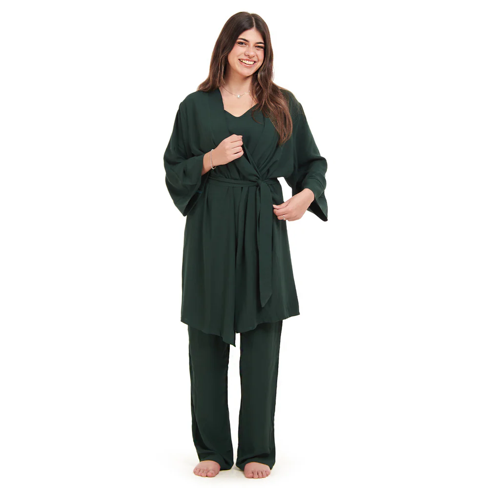 Women summer 3 piece pajama set Dark Green Top + Dark Green kimono & Pants - Image 2