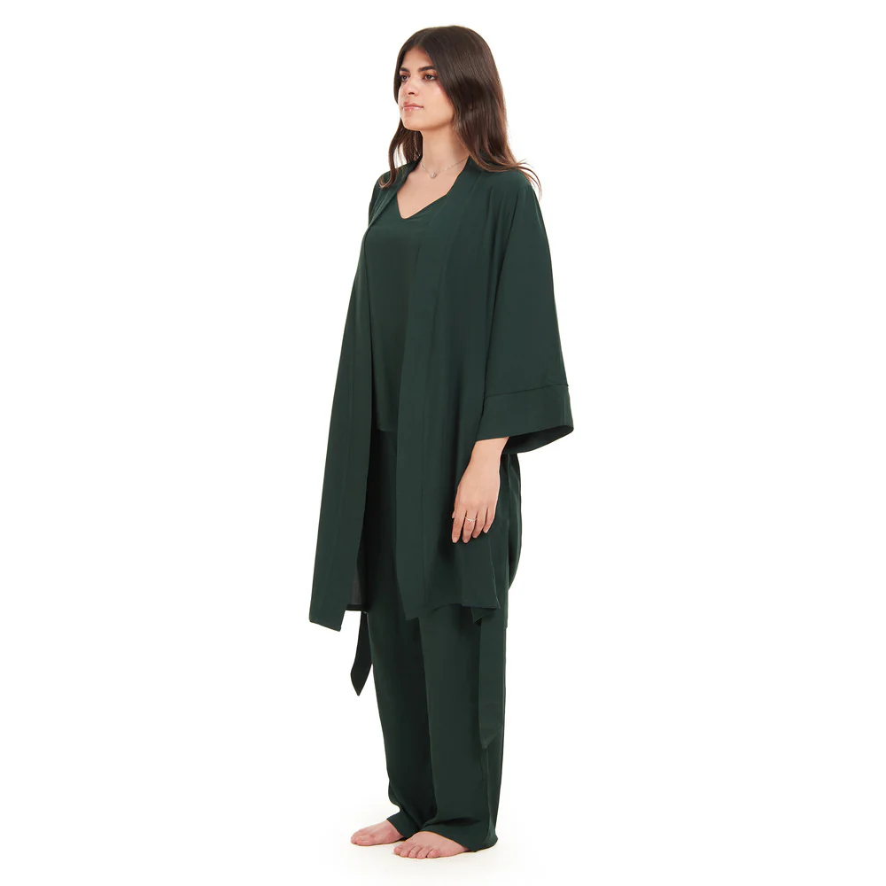 Women summer 3 piece pajama set Dark Green Top + Dark Green kimono & Pants - Image 3