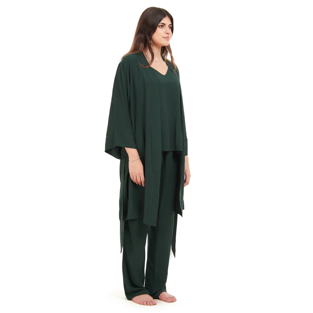 Women summer 3 piece pajama set Dark Green Top + Dark Green kimono & Pants - Image 4
