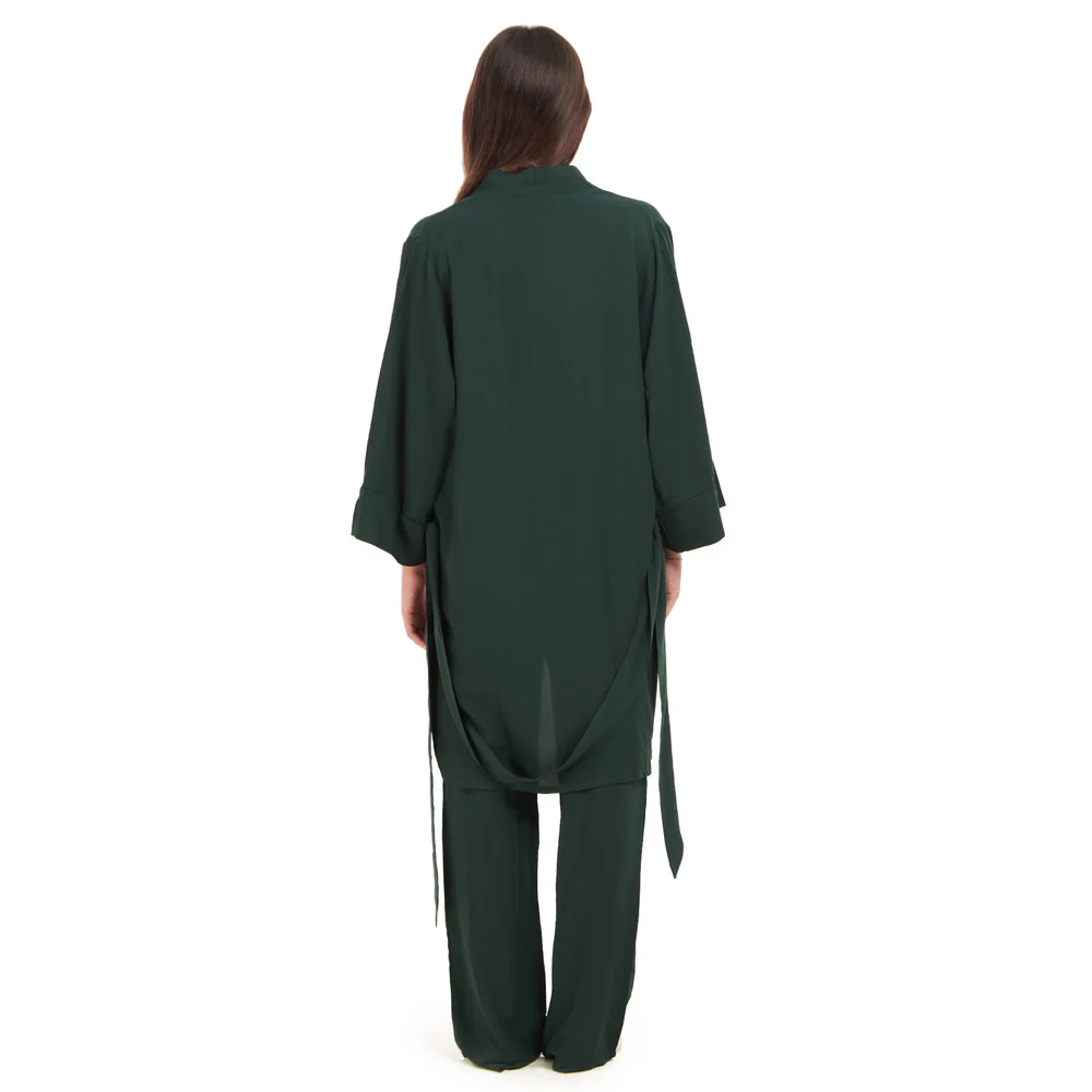Women summer 3 piece pajama set Dark Green Top + Dark Green kimono & Pants - Image 5