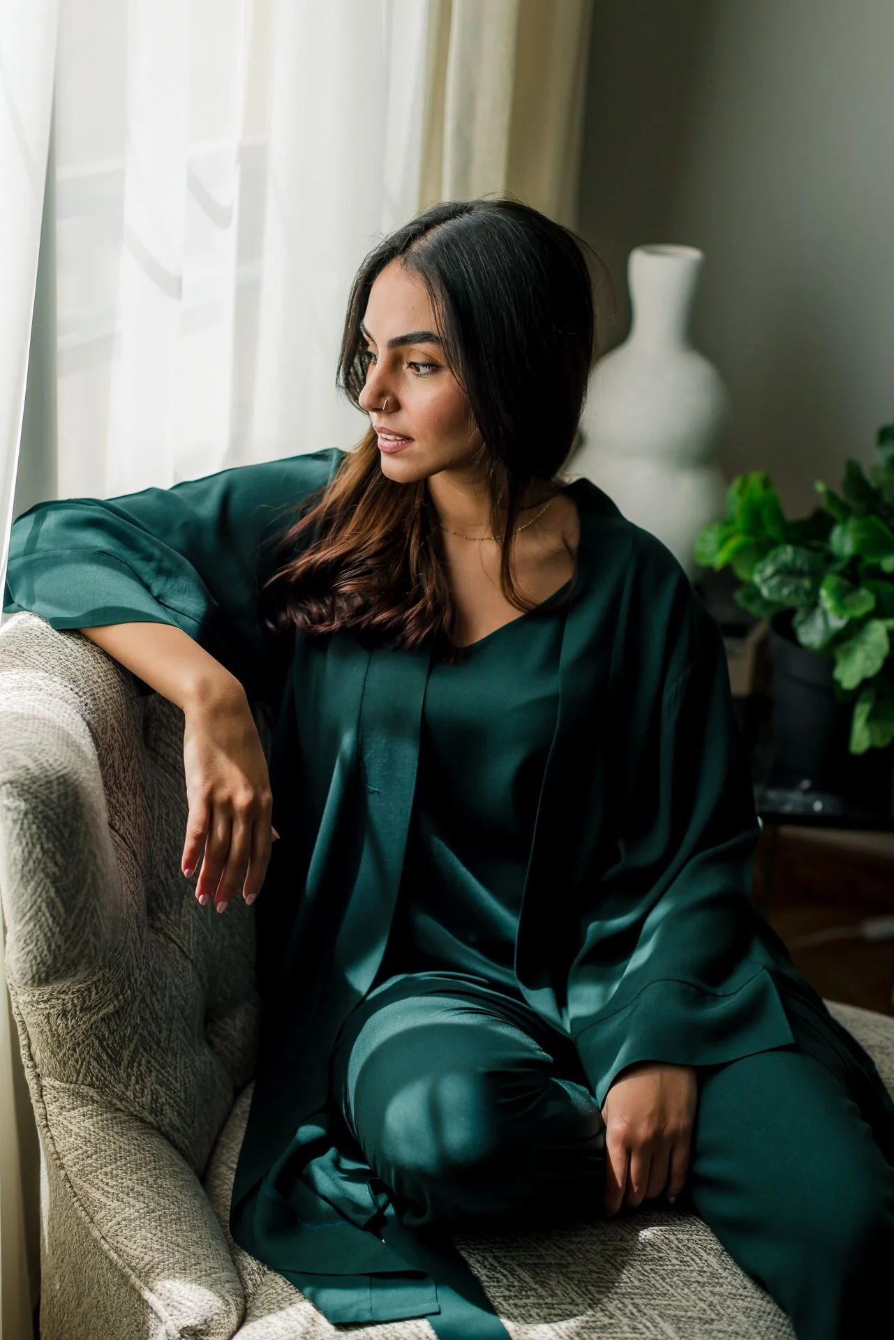Women summer 3 piece pajama set Dark Green Top + Dark Green kimono & Pants - Image 6
