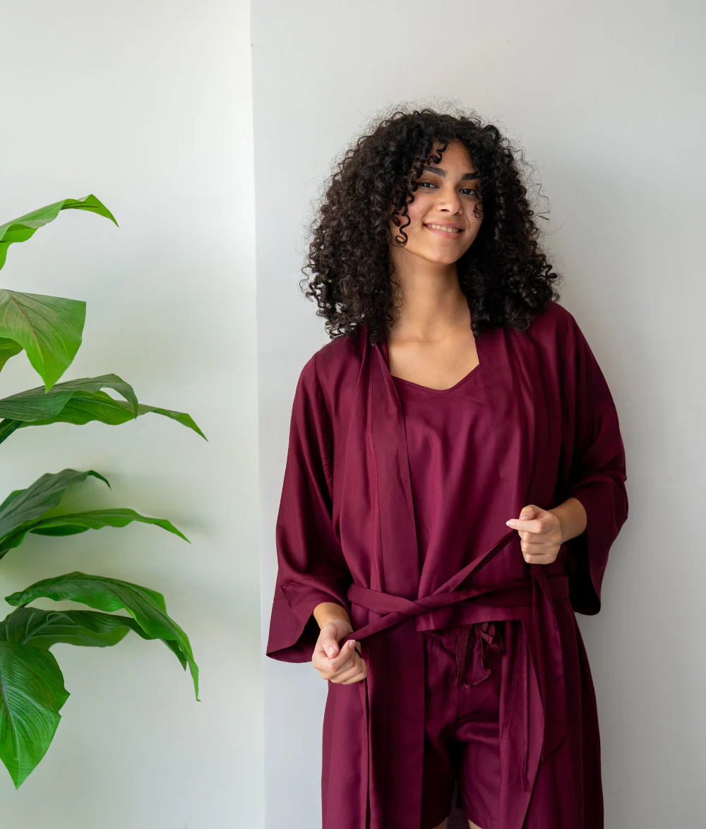 Women summer 3 piece pajama set  Dark red Top +kimono & short - Image 3