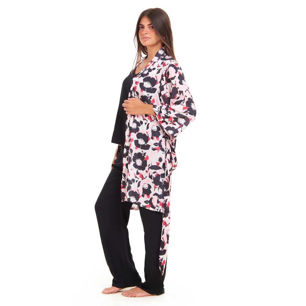 Women summer 3 piece pajama set  Fuchsia x Black floral pattern kimono + Black top & Pants