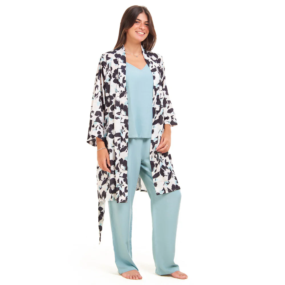 Women summer 3 piece pajama set Mint x Black Floral pattern kimono + Baby Blue top & Pants