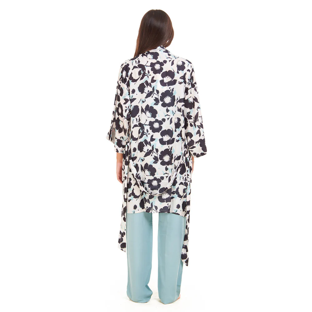 Women summer 3 piece pajama set Mint x Black Floral pattern kimono + Baby Blue top & Pants - Image 2