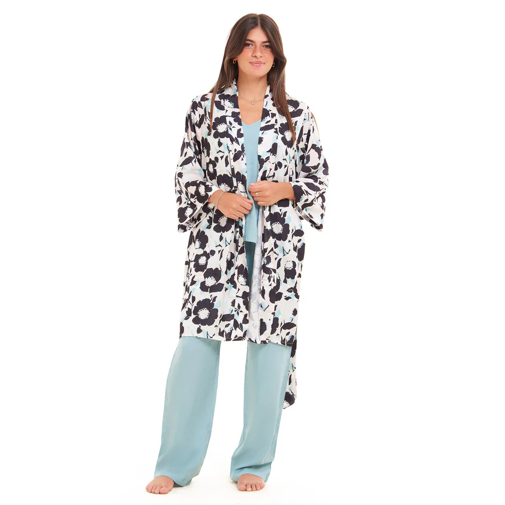 Women summer 3 piece pajama set Mint x Black Floral pattern kimono + Baby Blue top & Pants - Image 3