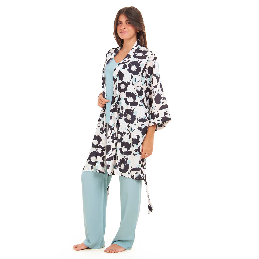 Women summer 3 piece pajama set Mint x Black Floral pattern kimono + Baby Blue top & Pants - Image 4