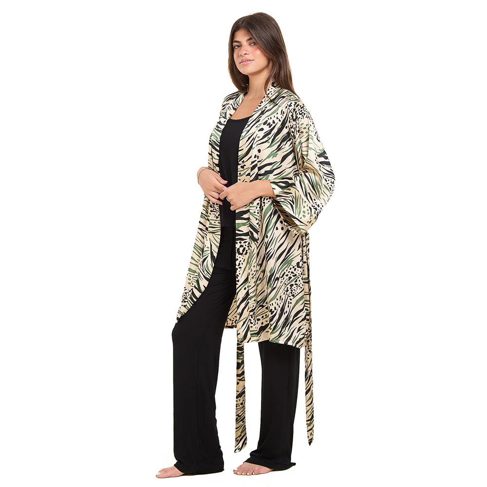 Women summer 3 piece pajama set Mint Cheetah pattern kimono + Black top & Pants - Image 3