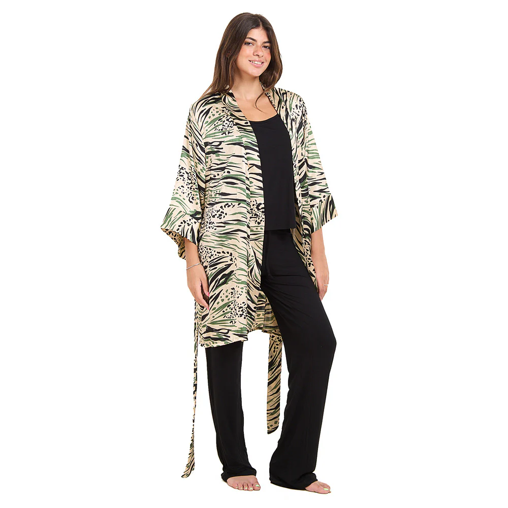 Women summer 3 piece pajama set Mint Cheetah pattern kimono + Black top & Pants - Image 4