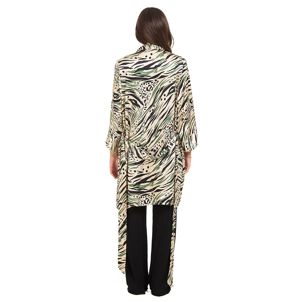 Women summer 3 piece pajama set Mint Cheetah pattern kimono + Black top & Pants - Image 5