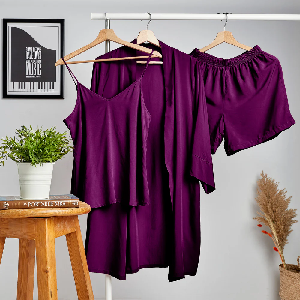 Women summer 3 piece pajama set  Purple Top +kimono & short