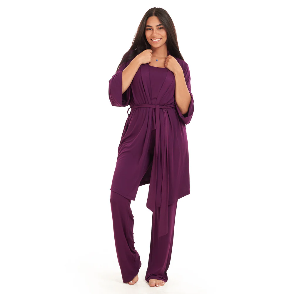 Women summer 3 piece pajama set  Purple Top + Purple kimono & Pants