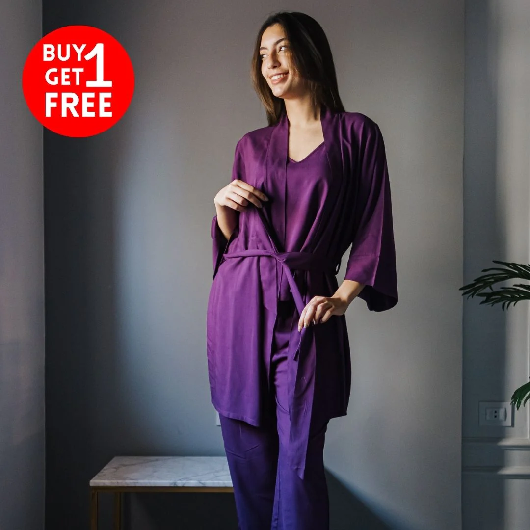 Women summer 3 piece pajama set Purple Top + Purple kimono & Pants