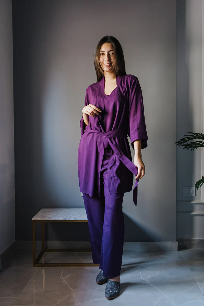 Women summer 3 piece pajama set Purple Top + Purple kimono & Pants - Image 2