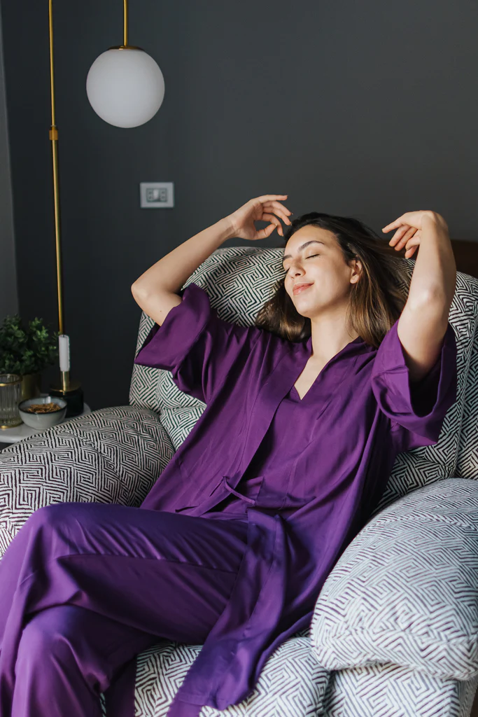 Women summer 3 piece pajama set Purple Top + Purple kimono & Pants - Image 3