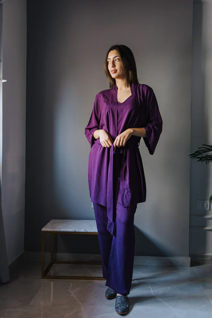 Women summer 3 piece pajama set Purple Top + Purple kimono & Pants - Image 4