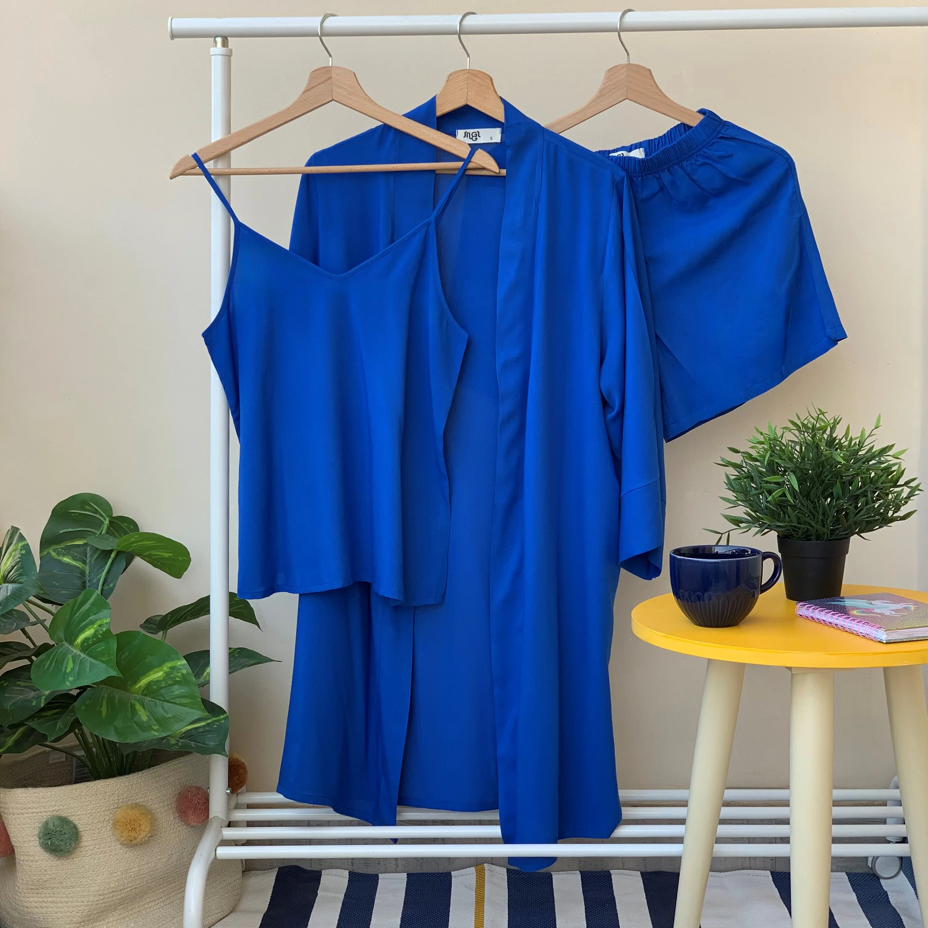 Women summer 3 piece pajama set  Royal blue Top +kimono & short