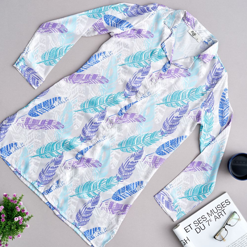 Women Satin summer pajama Leaves pattern buttoned satin night shirt