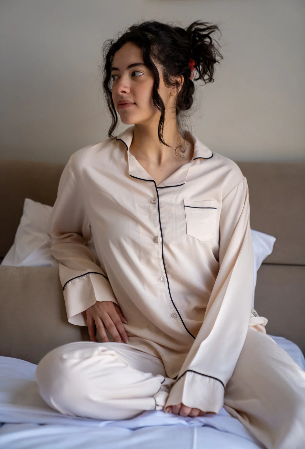 Women Summer Pajama Set Beige buttoned shirt + Pants