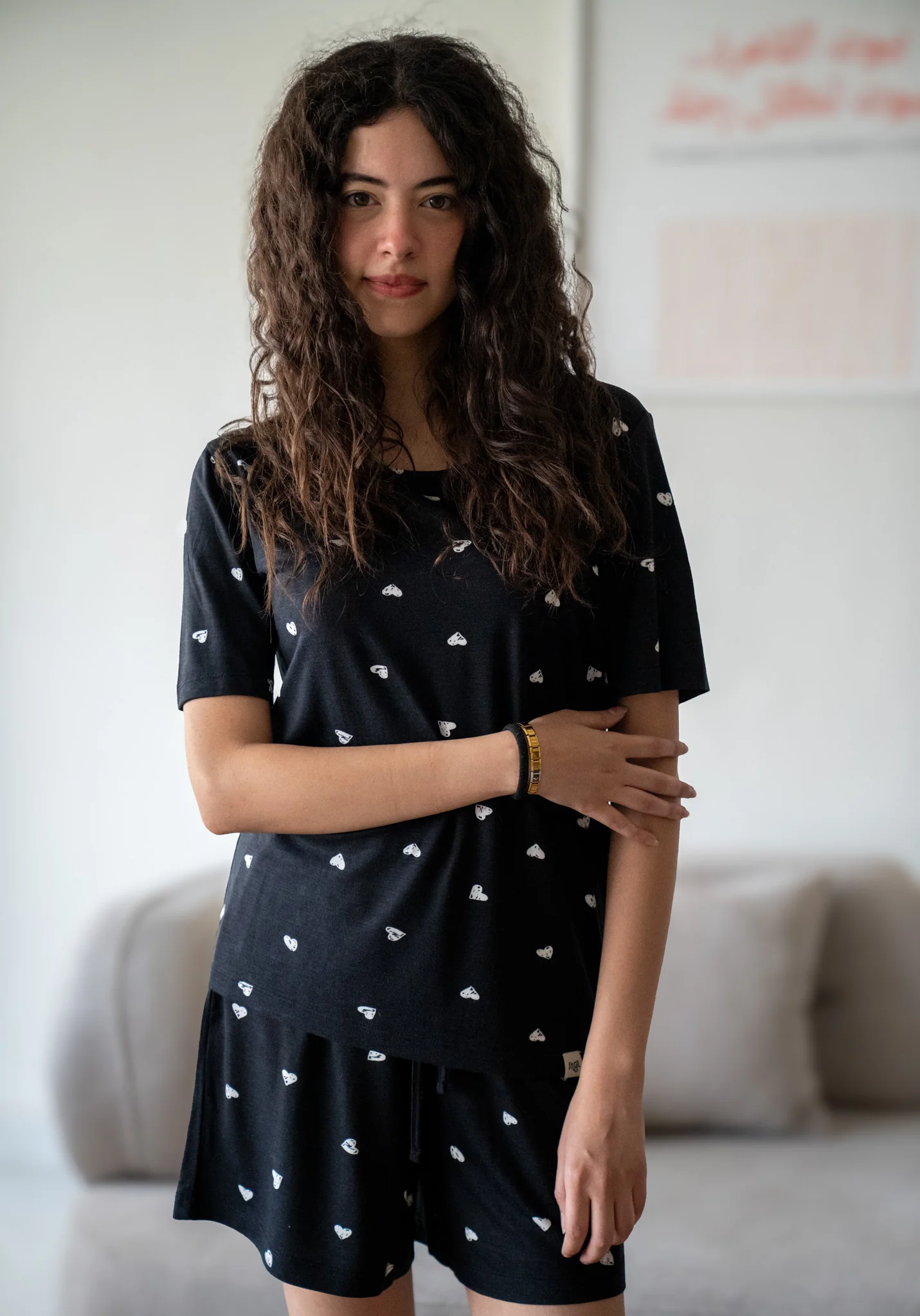 Women Summer Pajama set Black Hearts T-shirt + Shorts - Image 3