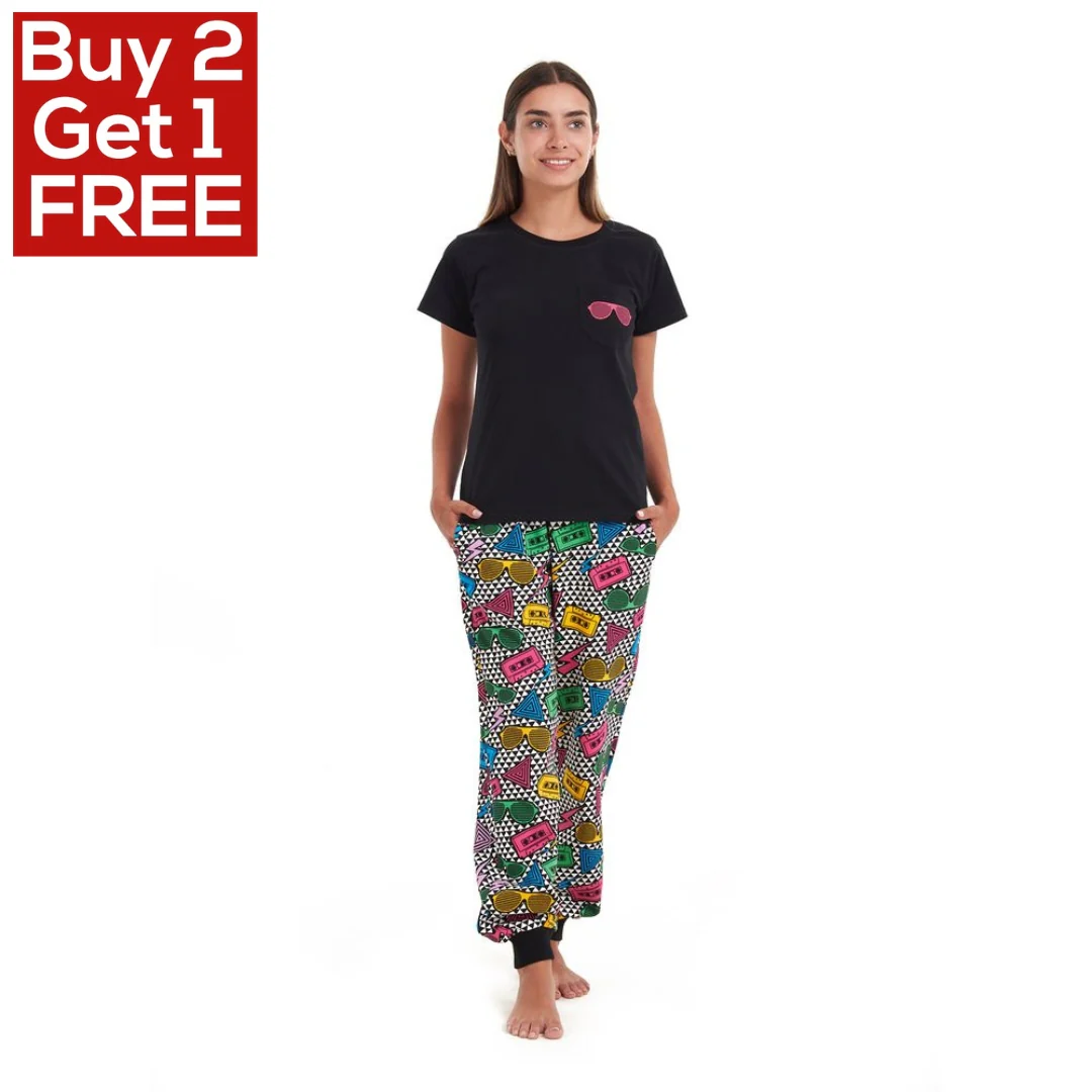 Women summer pajama set Black T-shirt + Retro pants