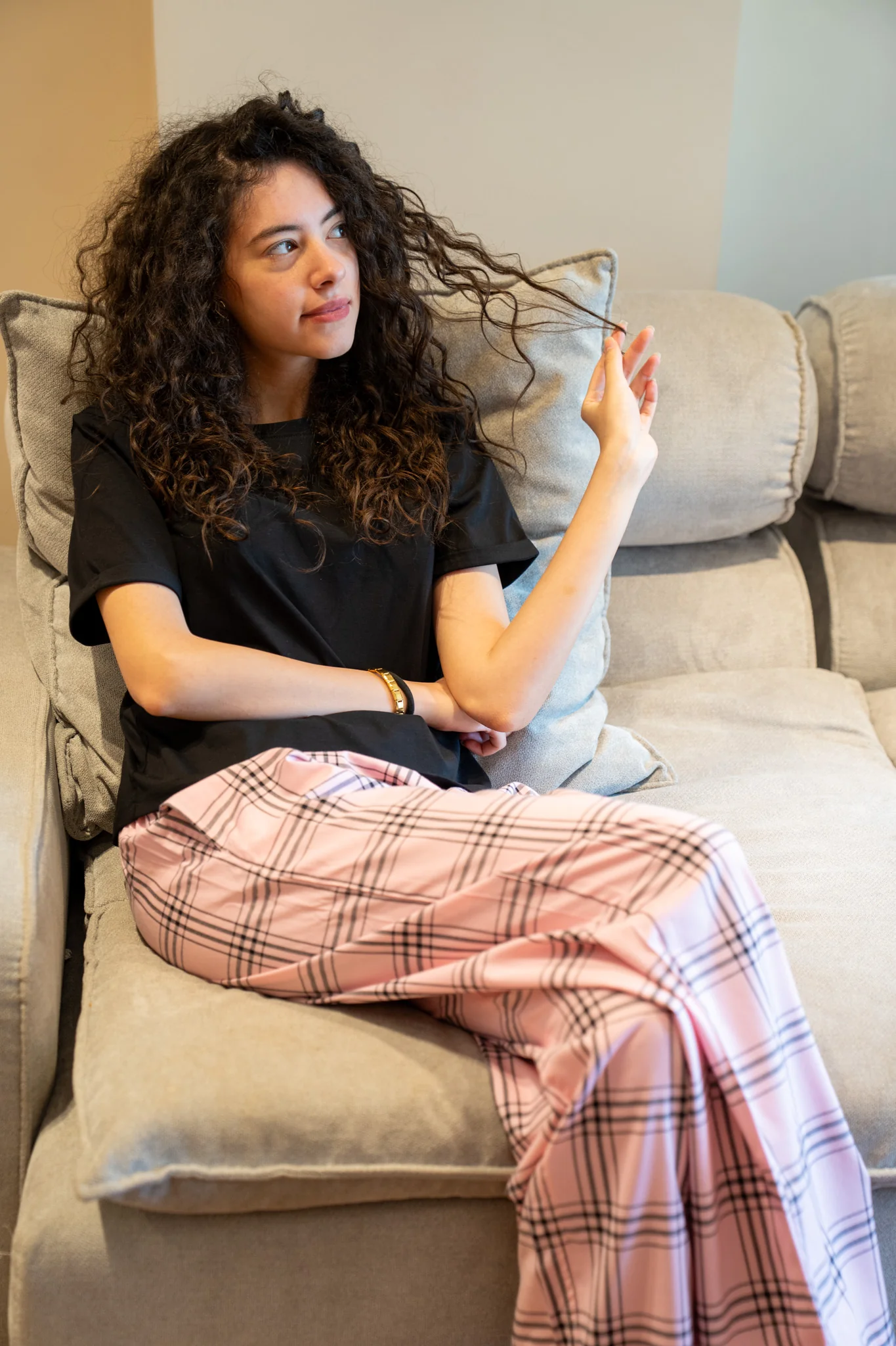 Women summer pajama set Black T-shirt + Pink Tartan Plaid Pants - Image 2