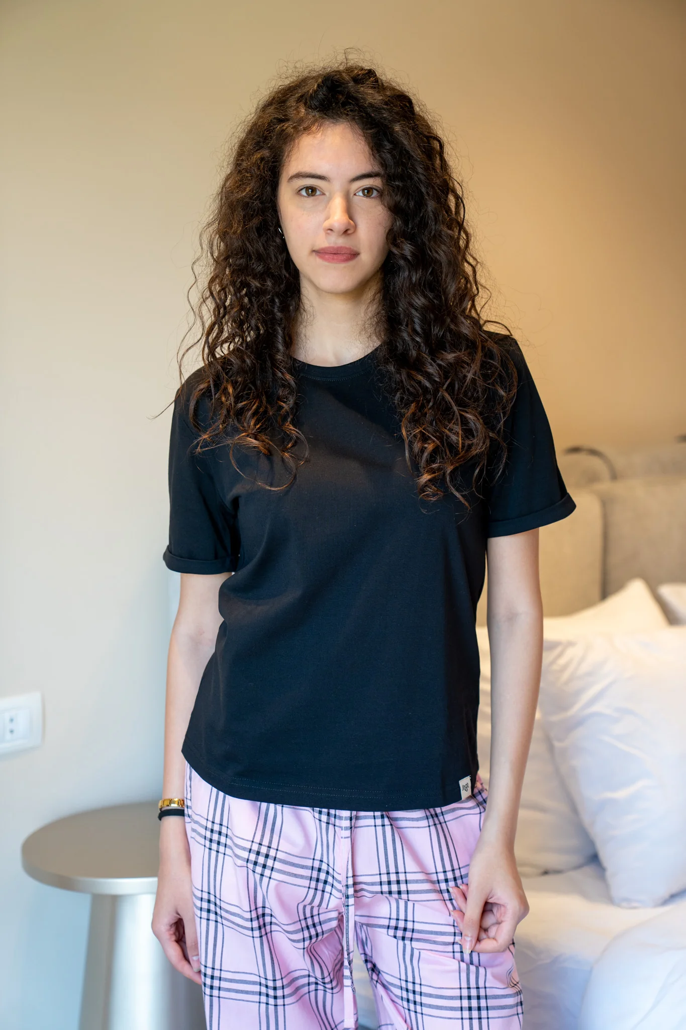 Women summer pajama set Black T-shirt + Pink Tartan Plaid Pants - Image 3