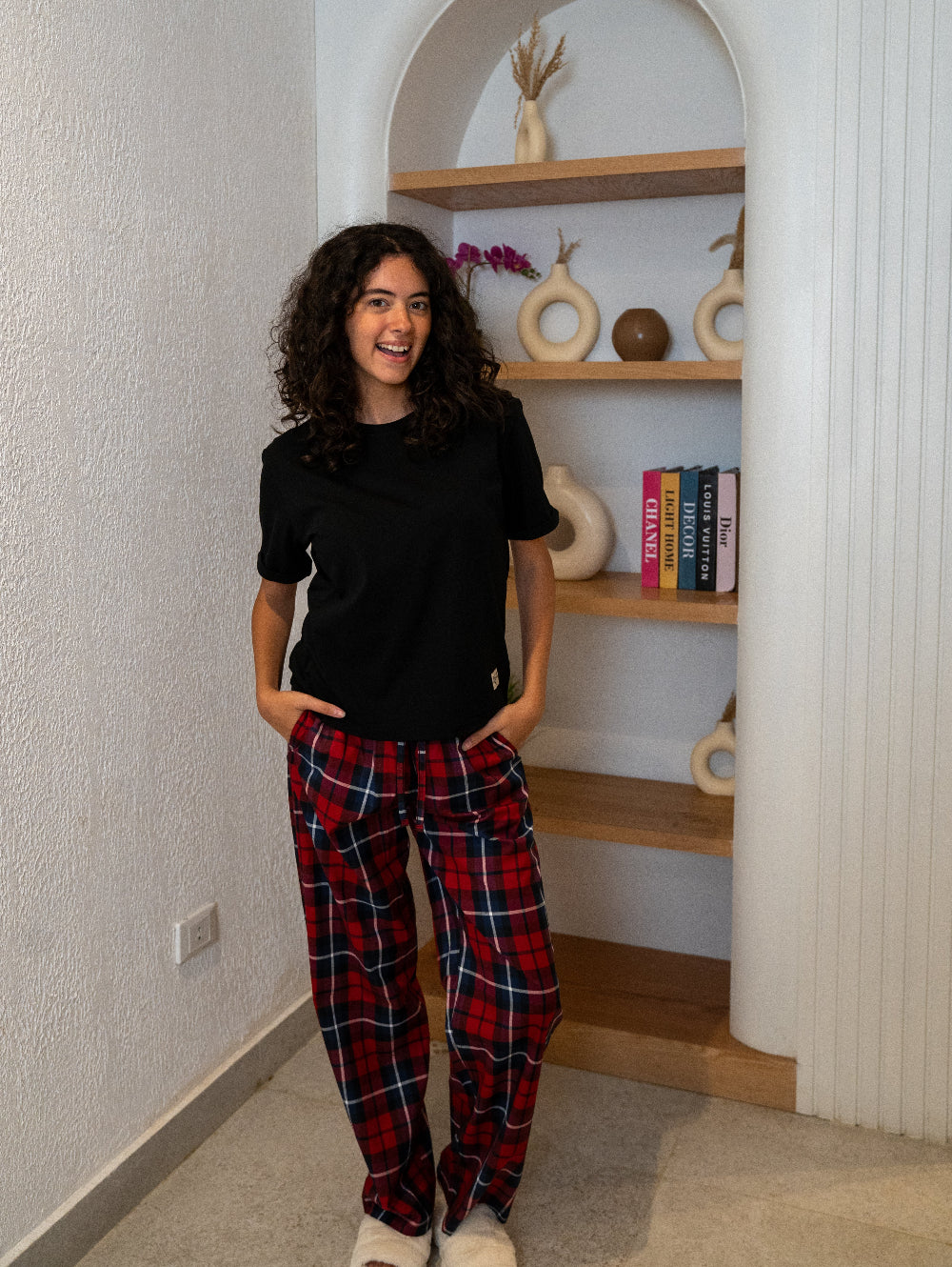 Women summer pajama set Black T-shirt + Red X Black Plaid Pants