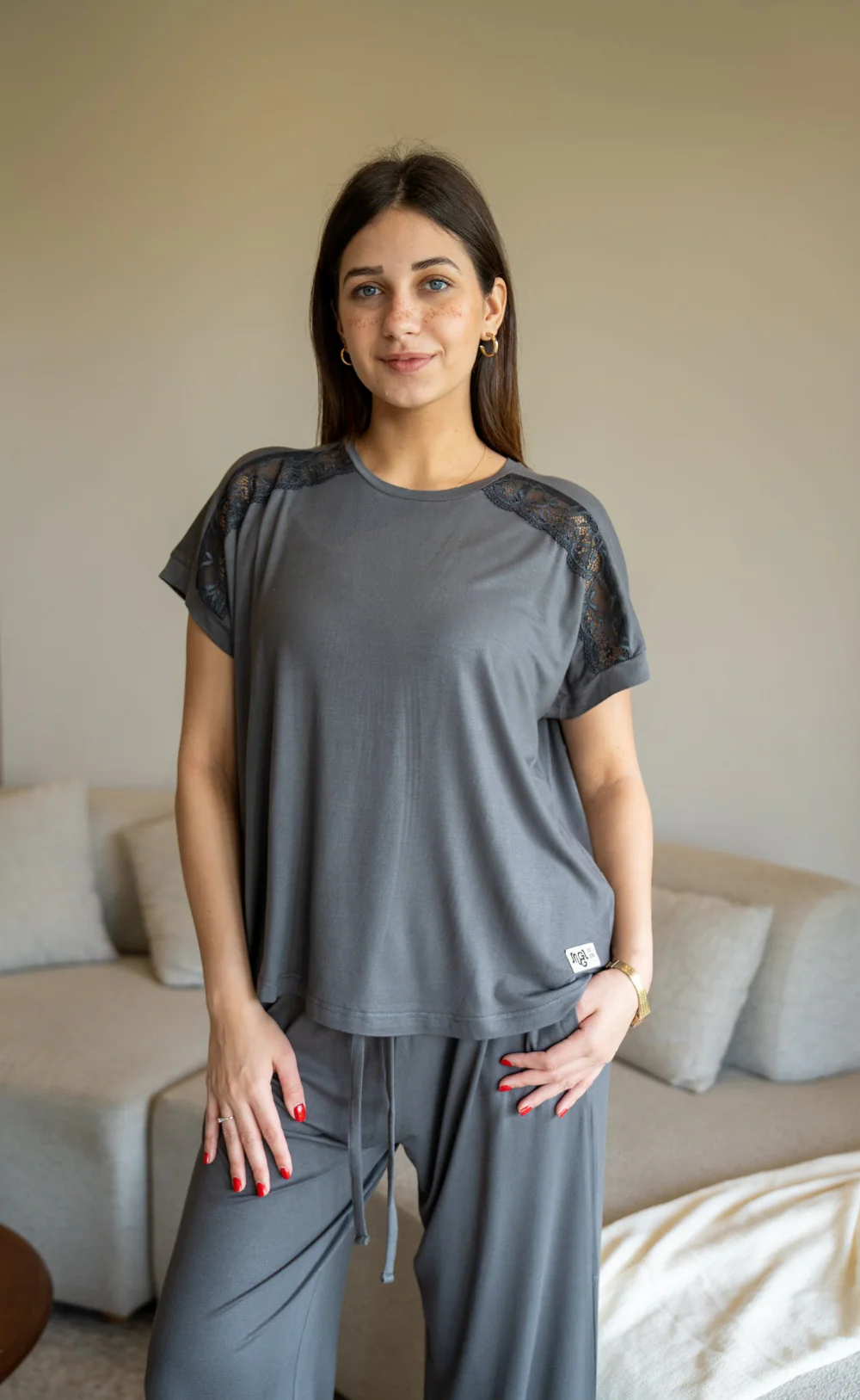 Women summer pajama set Dark Grey Lace shirt + Pants