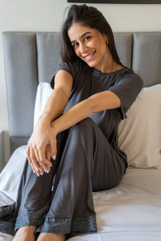 Women summer pajama set Dark Grey Lace shirt + Pants - Image 4