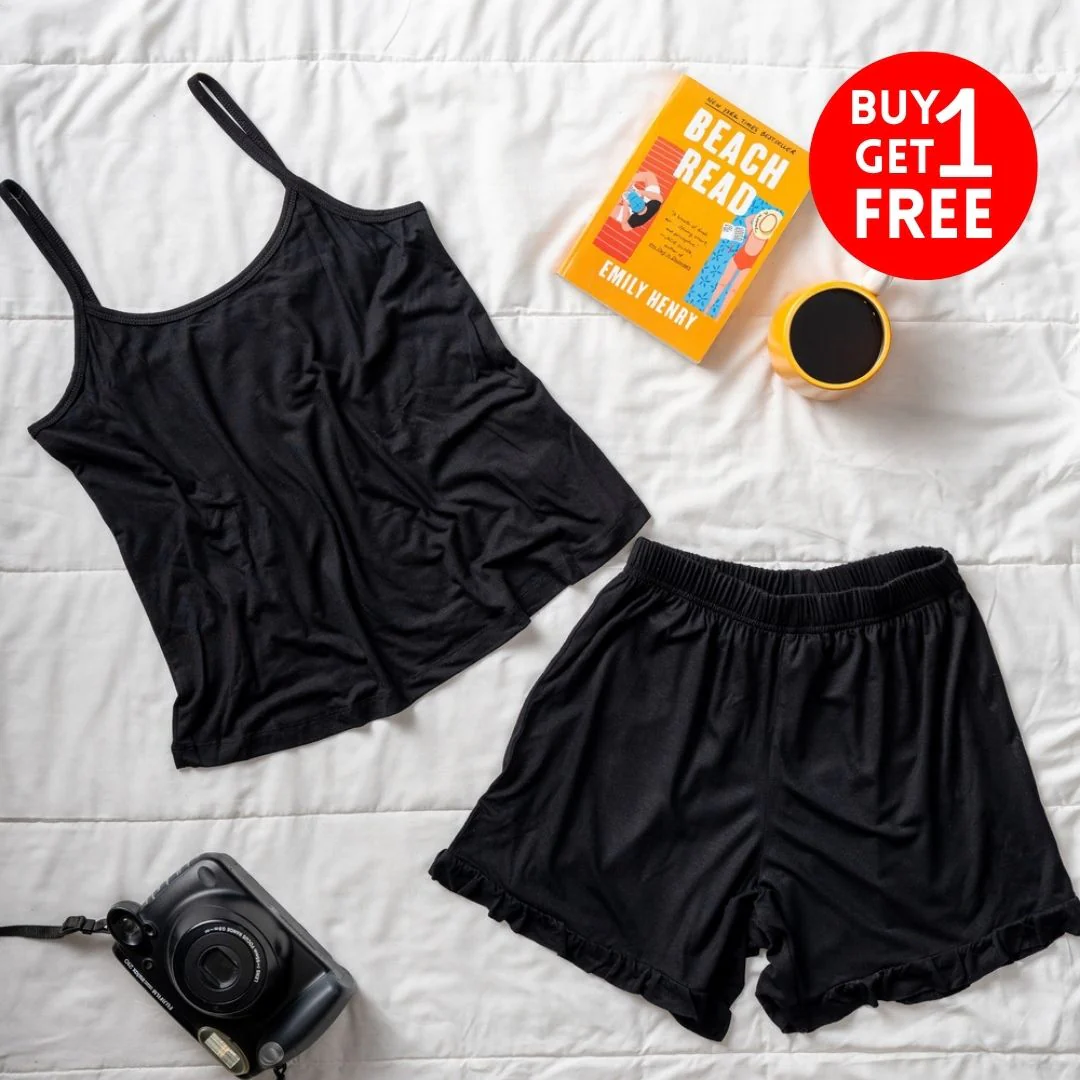 Women summer pajama set Black top + Black ruffles shorts