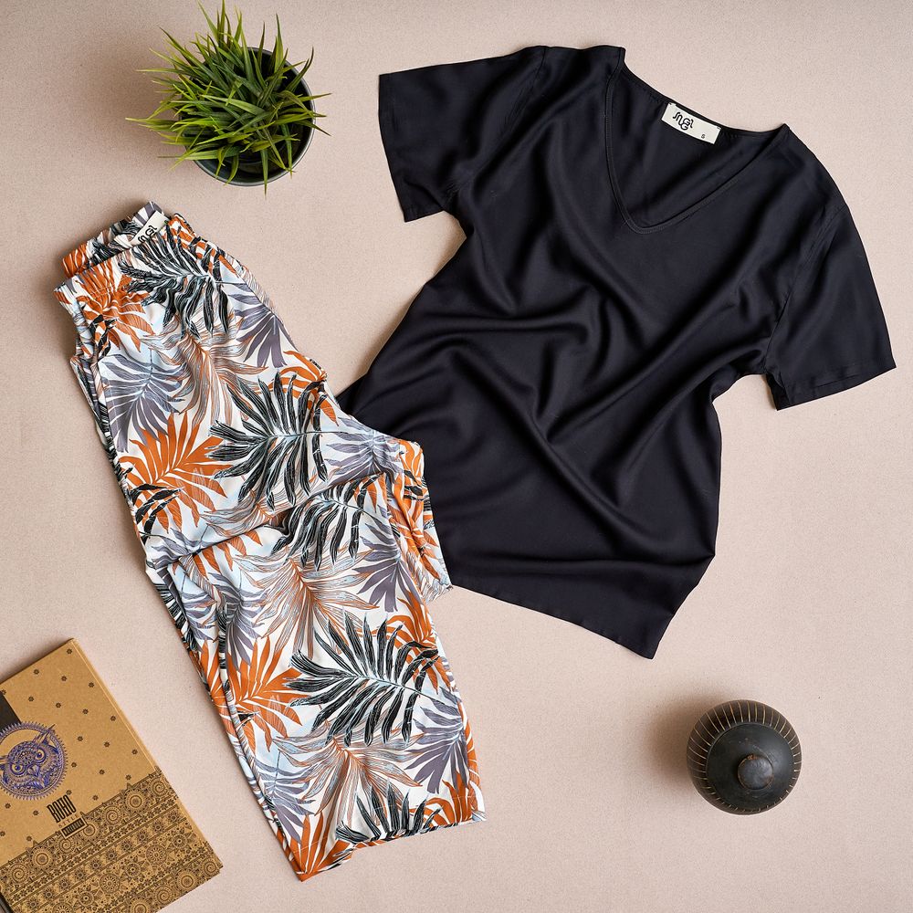 Women summer pajama set Black top + Havane leaves pants