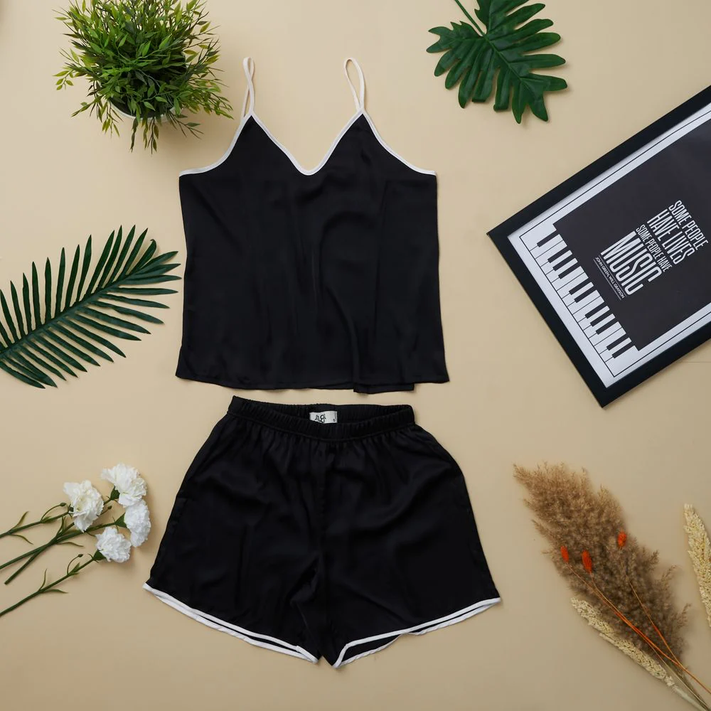 Women summer pajama set Black top with off white straps + shorts
