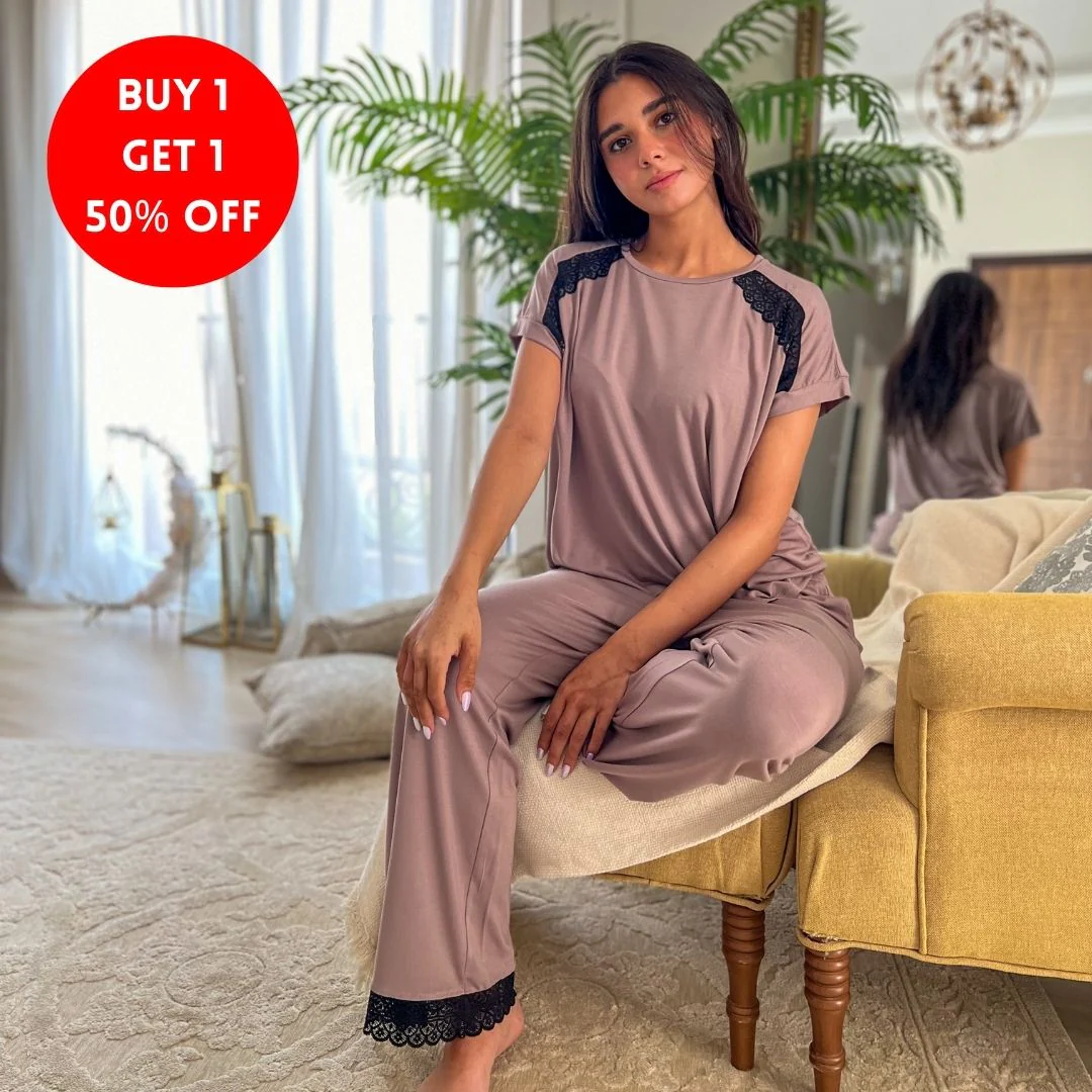 Women summer pajama set Cafe Lace shirt + Pants