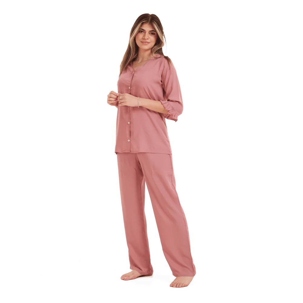 Women summer pajama set Cashmere Buttoned Shirt with Ruffled Sleeves shirt + Pants
