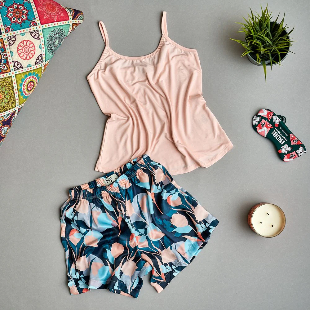 Women summer pajama set Cashmere top +Colorful flowered shorts