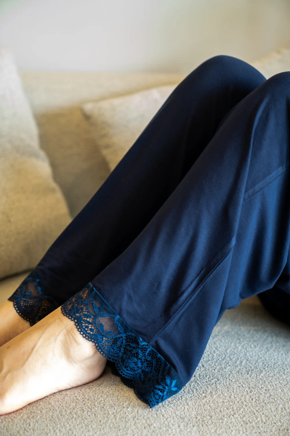Women summer pajama set Dark Blue Lace shirt + Pants - Image 2