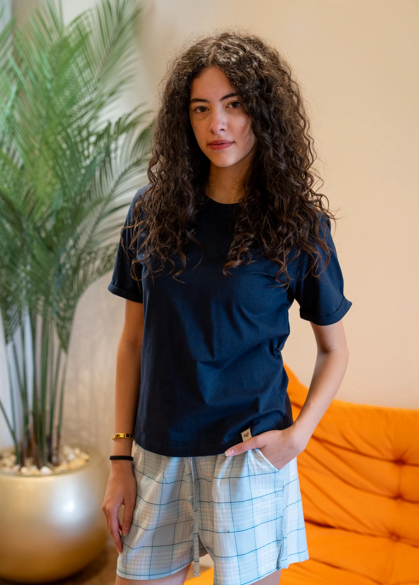 Women Summer Pajama set Dark Blue T-shirt + Light Blue X Dark Blue Plaid Shorts - Image 3