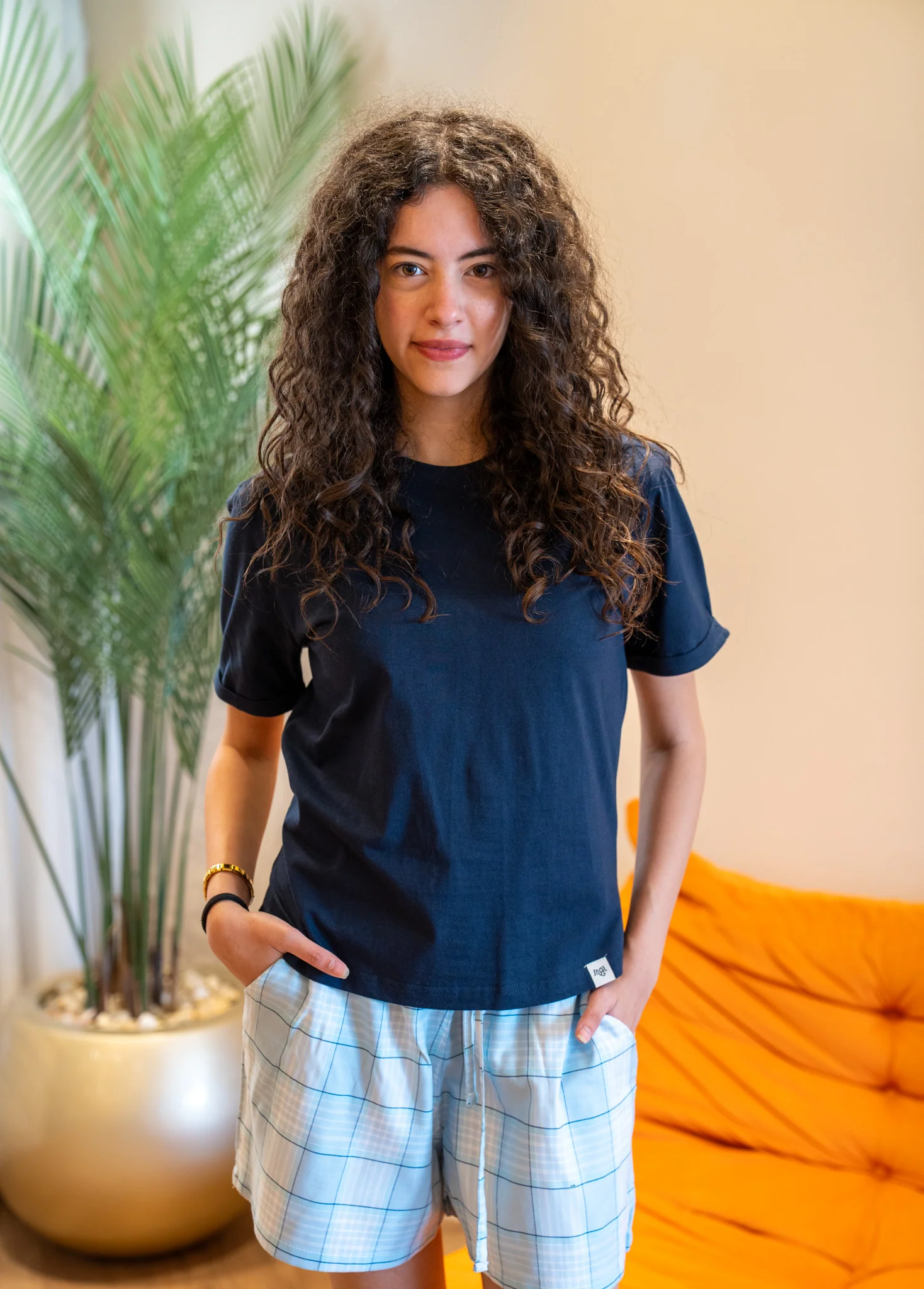 Women Summer Pajama set Dark Blue T-shirt + Light Blue X Dark Blue Plaid Shorts - Image 4
