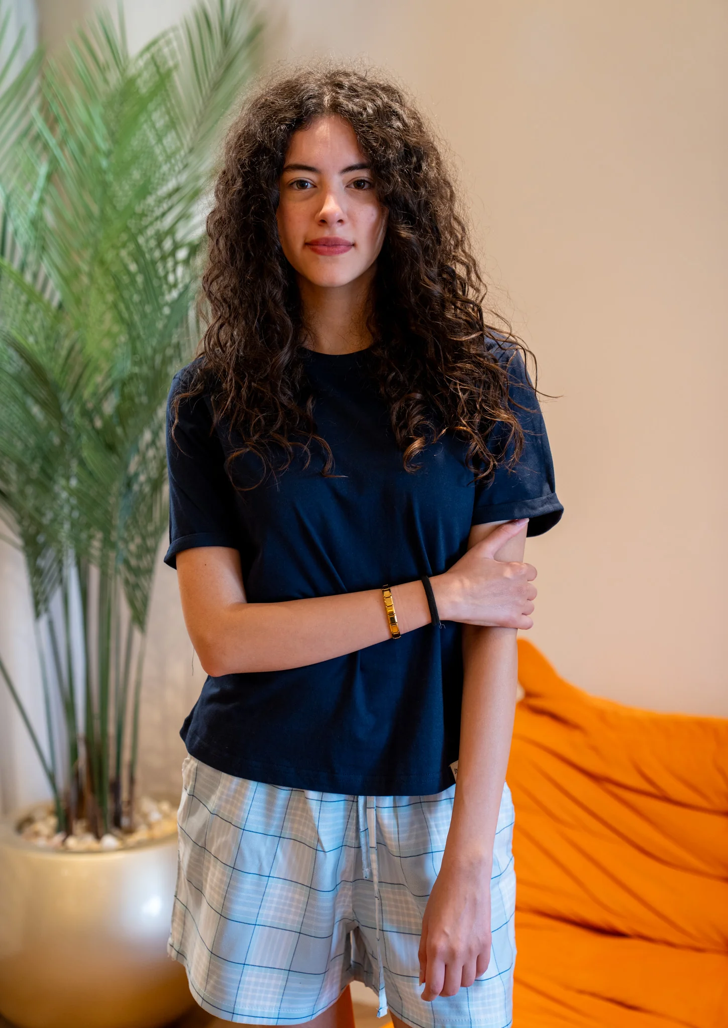 Women Summer Pajama set Dark Blue T-shirt + Light Blue X Dark Blue Plaid Shorts - Image 5