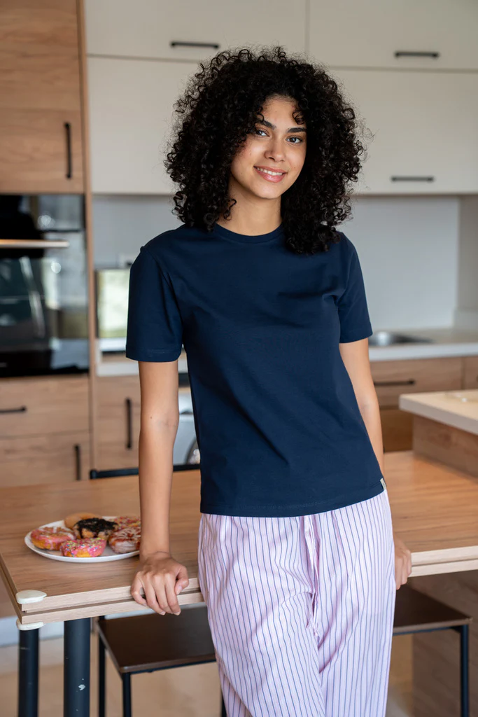 Women summer pajama set Dark Blue T-shirt + Pink X Dark Blue Striped Pants