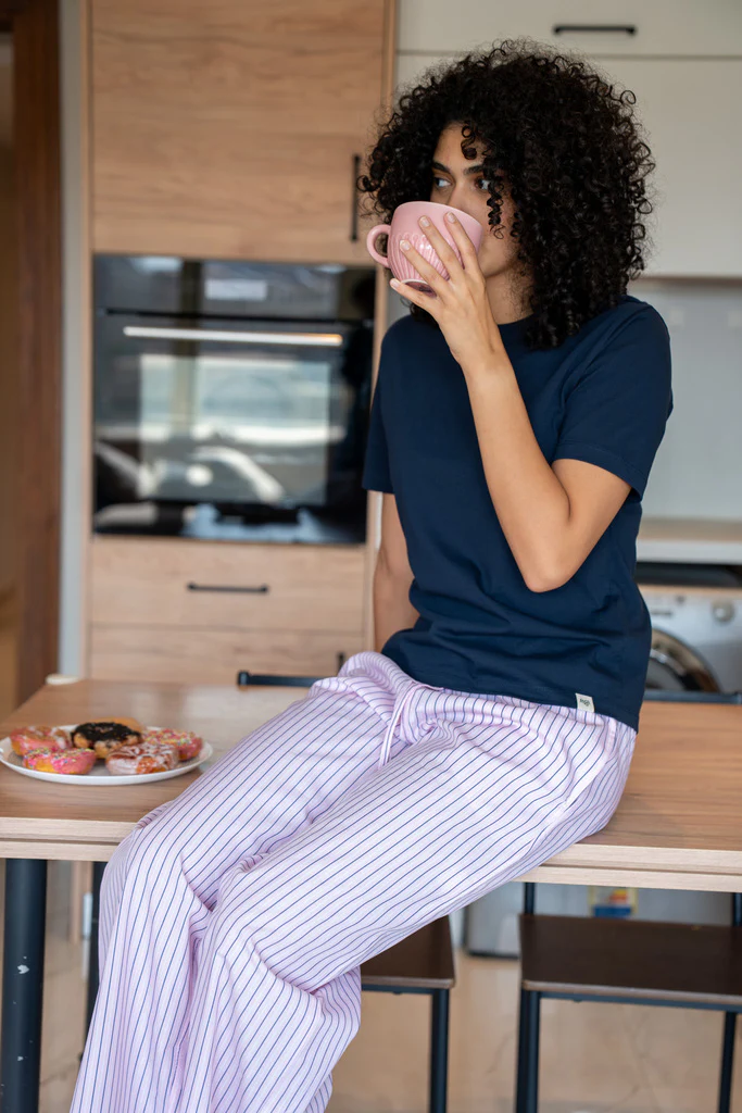 Women summer pajama set Dark Blue T-shirt + Pink X Dark Blue Striped Pants - Image 3