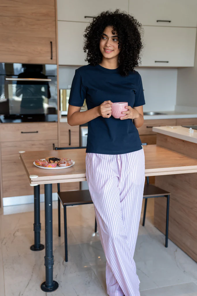 Women summer pajama set Dark Blue T-shirt + Pink X Dark Blue Striped Pants - Image 4
