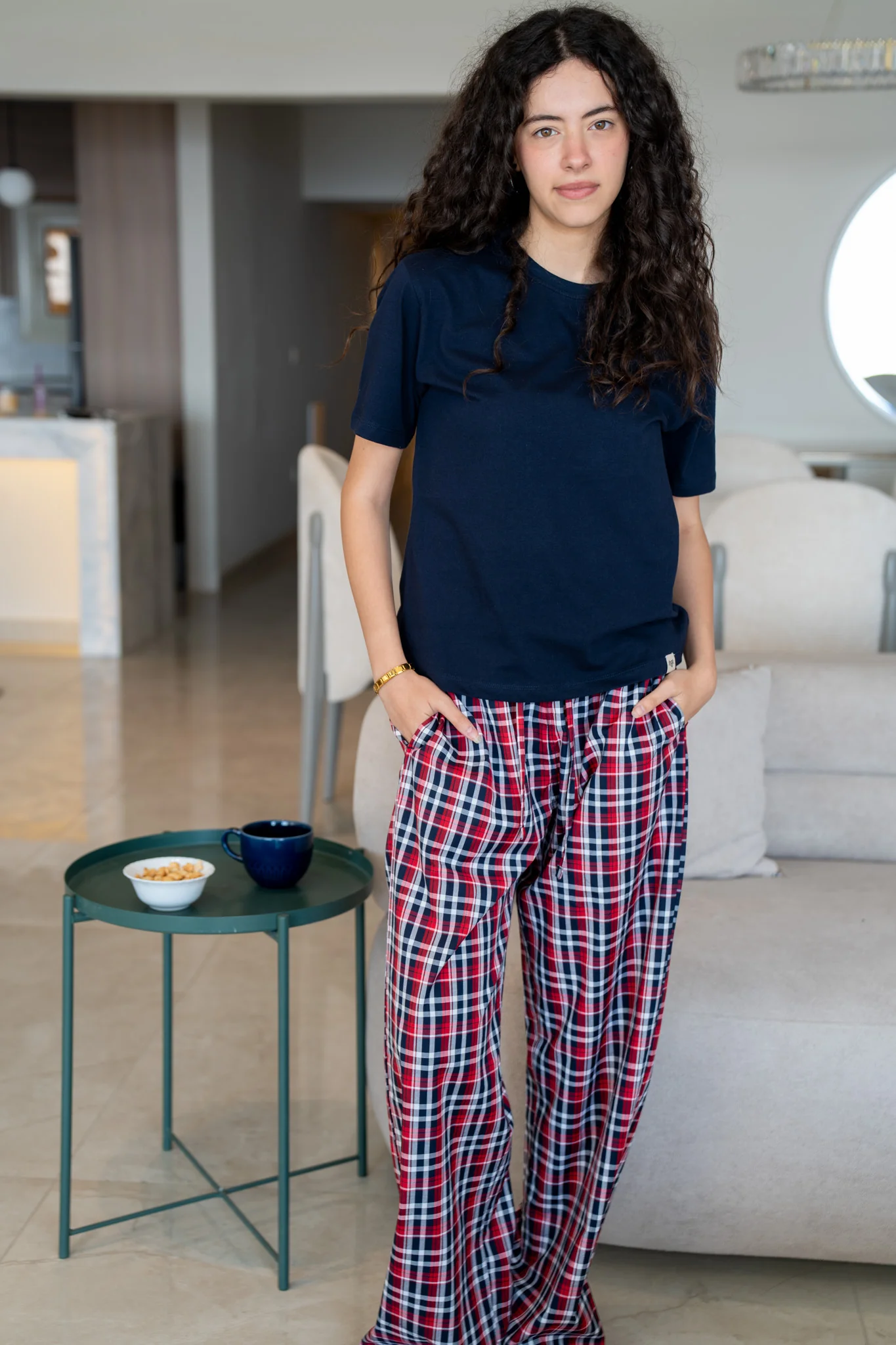 Women summer pajama set Dark Blue T-shirt + Red X Dark Blue Checkered Pants - Image 3
