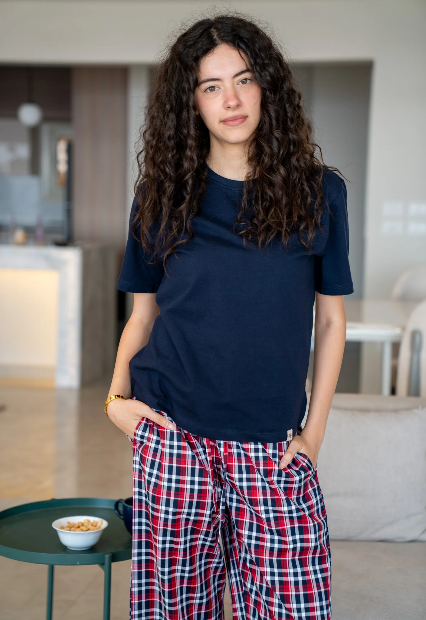 Women summer pajama set Dark Blue T-shirt + Red X Dark Blue Checkered Pants - Image 4